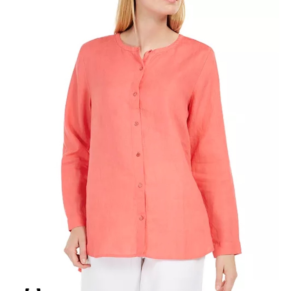 Eileen Fisher Organic Linen Collarless Shirt. Sz M. Coral